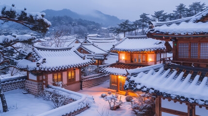 Winter scene in a Korean hanok village, high resolution photo capturing snow-covered roofs and warm lights glowing from inside the houses