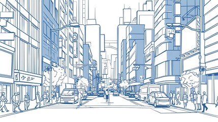 The city street is full of people and cars. The buildings are tall and the street is wide. There are trees on either side of the street.