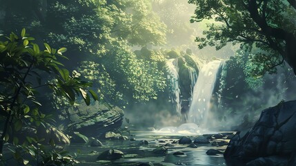 The image is of a beautiful waterfall in a forest. The water is crystal clear and the sun is...