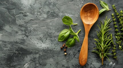 Wooden spoon positioned on a gray slate background with herbs alongside, emphasizing visual appeal and generous space for graphics
