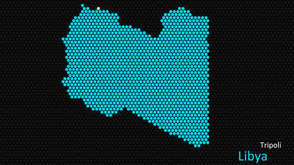 A map of Libya, with a dark background and the country's outline in the shape of a colored hexagon, centered around the capital. A simple sketch of the country