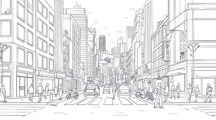 A minimalist line art illustration of a bustling city.