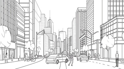 The city street is full of people and cars. The buildings are tall and the street is wide. There are trees on either side of the street.