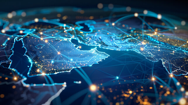 "Abstract map of Saudi Arabia, Middle East and North Africa, idea of worldwide connections and linking, data moving and cyber tech, info swap and telecom" - Powered by Adobe