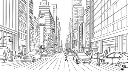 The city street is bustling with activity. People are walking, cars are driving. The buildings are tall and imposing.