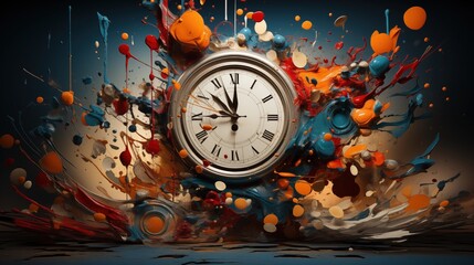 Explosive Clock Surrounded by Colorful Paint Splashes
