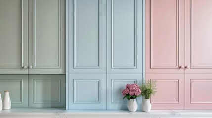 Sumptuous close view of pastel-colored vintage cabinet doors in a modern kitchen, highlighting detailed design with perfect lighting