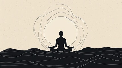 The image is a simple illustration of a person meditating in a lotus pose. The person is surrounded by a glowing aura and is sitting on a wave.