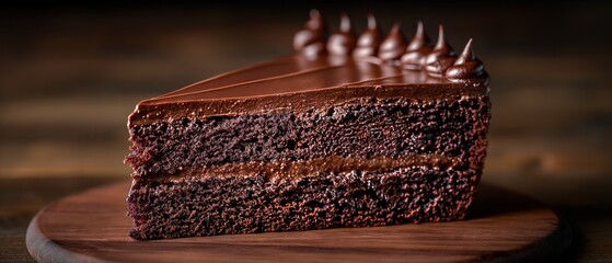 Decadent Chocolate Layer Cake Slice on Wooden Board