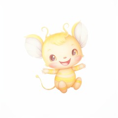 Cute cartoon character. Yellow mouse or rat with wings. Watercolor illustration.