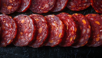 Close-up View of Sliced Chorizo on Dark Background