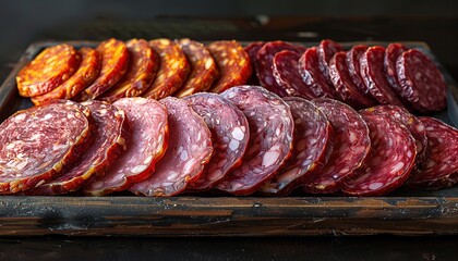 Assorted Cured Meat Slices on Wooden Board