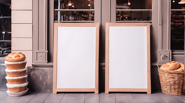  Blank Advertising Mockup Board For Advertisement At The Bakery Shop. 