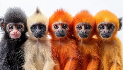 Colorful Lineup of Five Different Monkeys