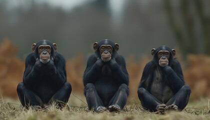 Three Chimpanzees Sitting Together in Forest