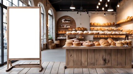  Blank advertising mockup board for advertisement at the bakery shop. 
