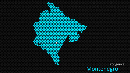 A map of Montenegro, with a dark background and the country's outline in the shape of a colored hexagon, centered around the capital. A simple sketch of the country