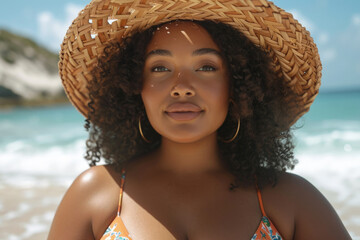 Dark Skinned Body Positive Girl in Straw Hat and Swimsuit on Sunny Beach, Inclusive Fashion Concept