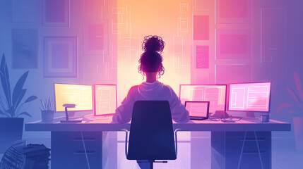 In a sleek, modern office space, a successful, beautiful woman freelancer sits at her desk, surrounded by screens and gadgets, her laptop glowing as she dives into her new project.