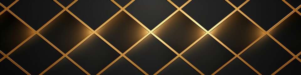 Art deco geometric background with gold lines and diamonds on black backdrop, banner