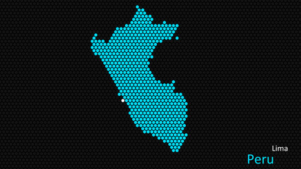 A map of Peru, with a dark background and the country's outline in the shape of a colored hexagon, centered around the capital. A simple sketch of the country