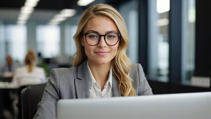 Portrait of young happy professional business woman worker employee sitting at desk working on laptop in corporate office. Smiling female using computer technology learning online, doing web research