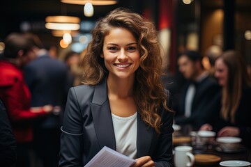 Beautiful young woman with curly brown hair, smiling and working in a bar. - Powered by Adobe