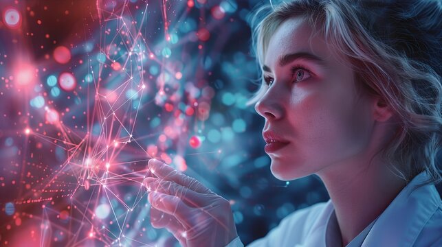 Young medical expert in a lab coat, interacting with a high-tech, particle-based background