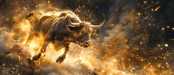 The dynamic energy of a market boom captured by a golden bull charging among bright sparks