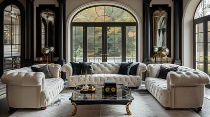 A luxurious living room adorned with black, white, and gold accents, featuring a plush velvet sofa, marble coffee table, and gilded mirrors reflecting elegance and opulence