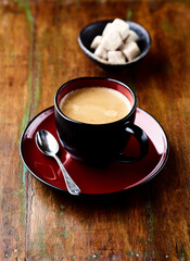 Cup of coffee on wooden background. Close up.	