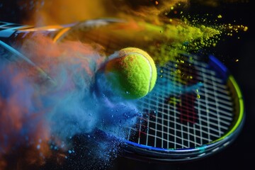 A yellow tennis ball hitting a racket, rainbow powder.