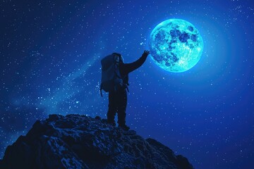Fototapeta premium Space suit, standing on top of a mountain, reaching out to touch the full moon