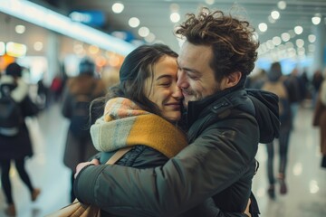 Fototapeta premium A couple embraces warmly upon meeting at the arrivals gate of an airport.