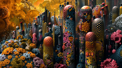 Fototapeta premium Microscopic view of miteproof fabric, artistically enhanced with a background depicting a colorful and strange city