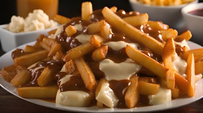 Savoring Poutine. A Classic Canadian Dish Topped with Brown Gravy