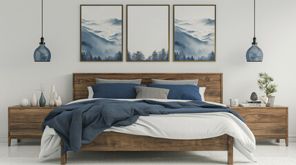 Obraz premium Within the comforting embrace of a rustic bedroom, a wooden bed stands as the centerpiece, adorned with plush blue pillows that promise a night of peaceful slumber.