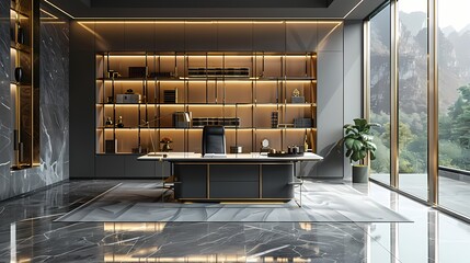 A minimalist CEO office with glass walls, a black leather executive chair, and a white lacquered desk complemented by gold accents, radiating power and prestige