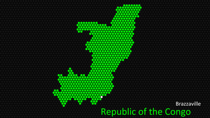 A map of Republic of the Congo, with a dark background and the country's outline in the shape of a colored hexagon, centered around the capital. A simple sketch of the country