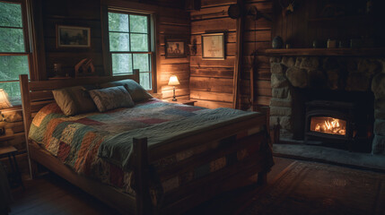 Tucked away in a charming cabin in the woods, a rustic wooden bed beckons with its handmade quilts and fluffy pillows, bathed in the gentle glow of moonlight streaming through a window