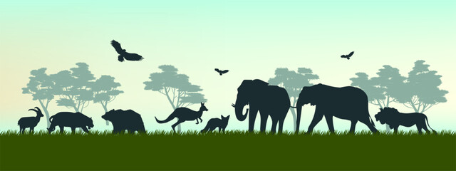 An African safari animal silhouette  with hill, mountain landscape scene on background vector illustration.