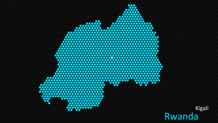 A map of Rwanda, with a dark background and the country's outline in the shape of a colored hexagon, centered around the capital. A simple sketch of the country