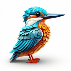 A cartoon kingfisher bird, with bright blue and orange feathers. The bird is standing on a branch, and looking at the viewer.