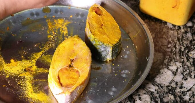 Preparing hilsa fish cut pieces for Asian Bengali cooking frying rubbing messaging marinate with salt yellow turmeric cumin spice