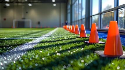 A mini indoor soccer field marked with cones and goals, encouraging friendly matches and soccer...