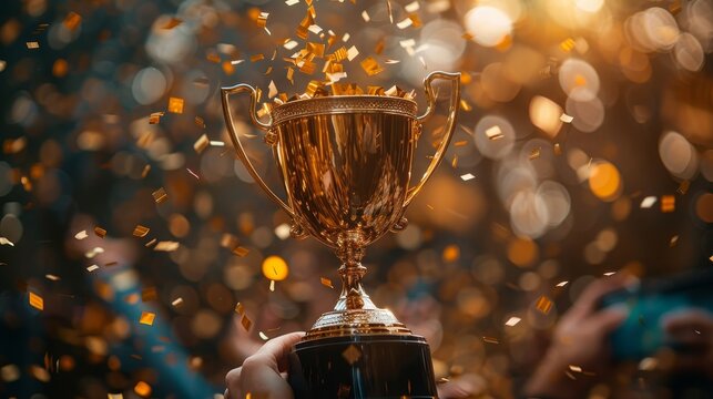 Hand triumphantly holding a golden trophy, surrounded by a joyous crowd and confetti celebration