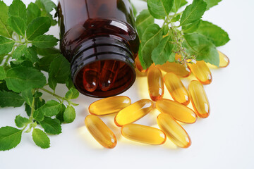 Alternative medicine herbal organic capsule with vitamin E omega 3 fish oil, mineral, drug with...