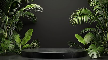 Black studio background with product display podium and palm leaves