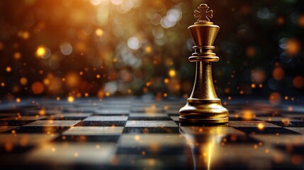 Golden chess king standing dominantly on a chessboard, symbolizing masterful business strategy