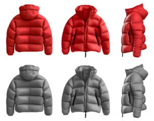 2 Set of red maroon grey gray Down puffer padded quilted hoodie hooded parka jacket, front back side view on transparent cutout PNG file. Mockup template for artwork design